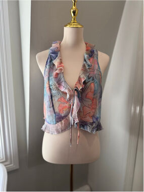 Weekday Sheer Ruffle Tie Front Top Floral Abstract Print Blouse Size Large